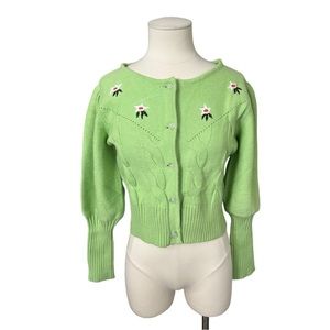Momoshero Green Floral Grandma Knit Cardigan S